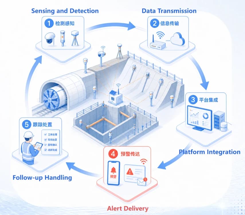 Closed-loop monitoring workflow from sensing and data transmission to platform integration, alert delivery, and follow-up handling.