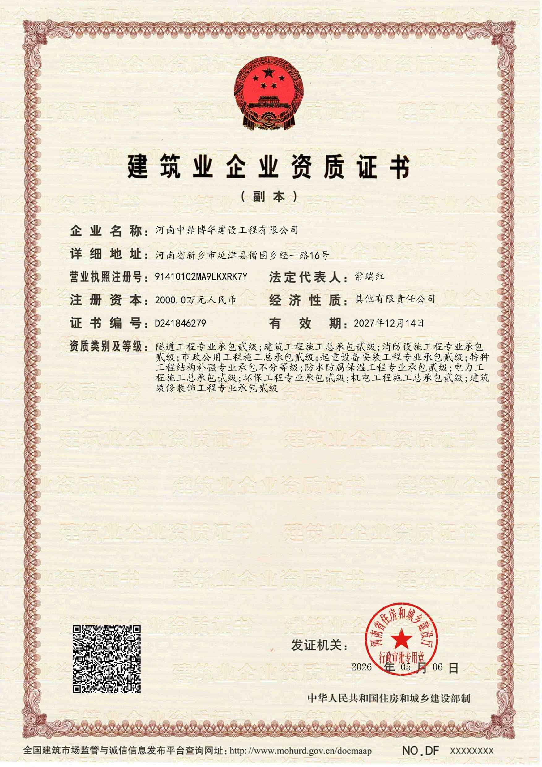Construction Enterprise Qualification Certificate – Multiple Grade II Construction Qualifications