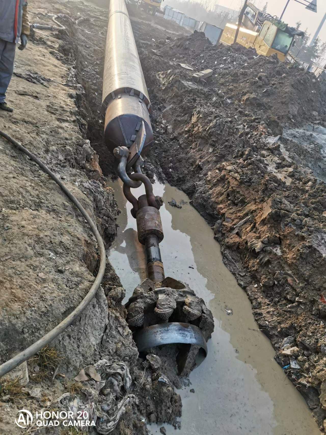 HDD Reaming Tool and Drill String at a Trenchless Pipeline Construction Site
